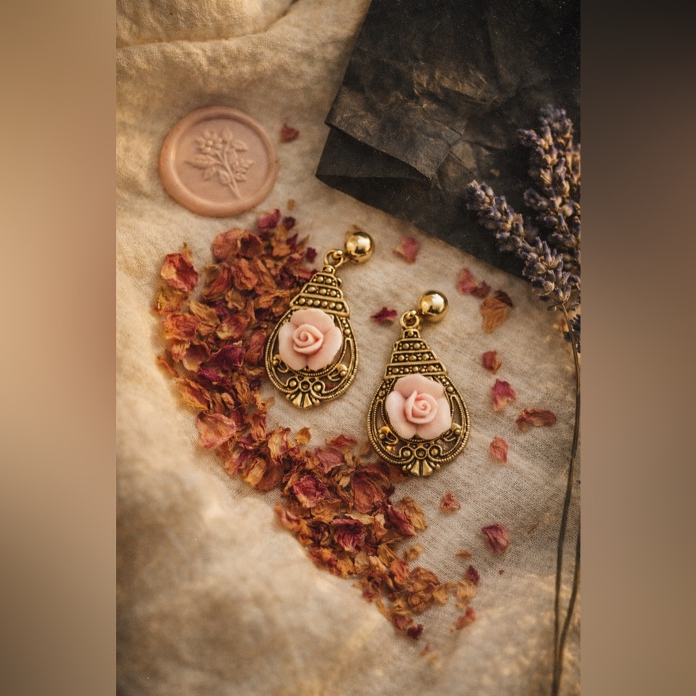 1928 Gold Earrings with Pink Rose Design